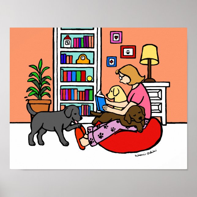 Labrador Mum Reading Cartoon Poster (Front)