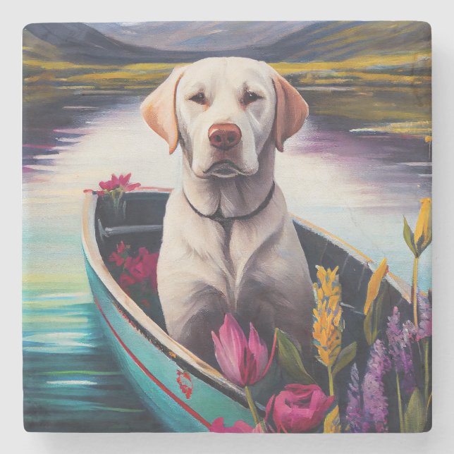 Labrador on a Paddle: A Scenic Adventure Stone Coaster (Front)