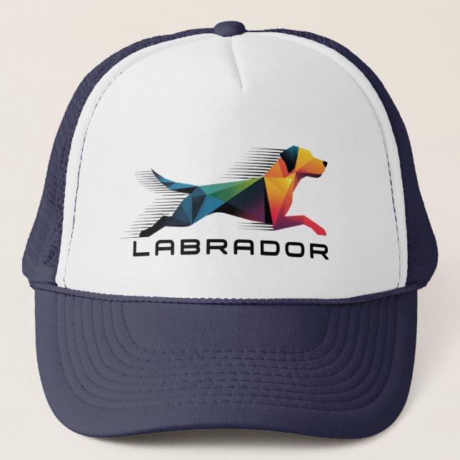 Labrador polygonal retriever in yellow and blue trucker hat (Front)