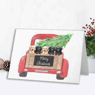 Labrador Puppies Dog Vintage Red Christmas Truck Holiday Card