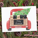 Labrador Puppies Personalised Red Christmas Truck  Card<br><div class="desc">Send christmas greetings this holiday season with this black and yellow labrador retriever puppies in a watercolor design. This black labrador holiday card features five labrador pups in a watercolor red christmas truck with holiday tree. Personalise with greeting front adn message back.. This black labrador christmas card will be a...</div>