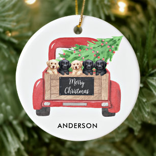 Labrador Puppies Personalised Red Christmas Truck Ceramic Ornament