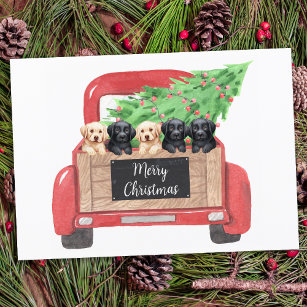 Labrador Puppies Personalised Red Christmas Truck Holiday Card