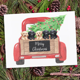 Labrador Puppies Personalised Red Christmas Truck Holiday Postcard