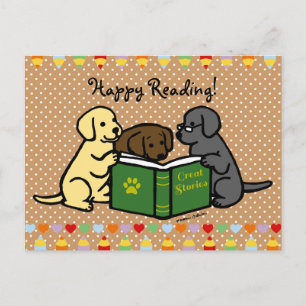 Labrador Puppies Reading Cartoon Postcard