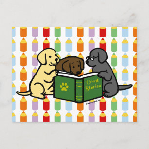 Labrador Puppies Reading Cartoon Postcard