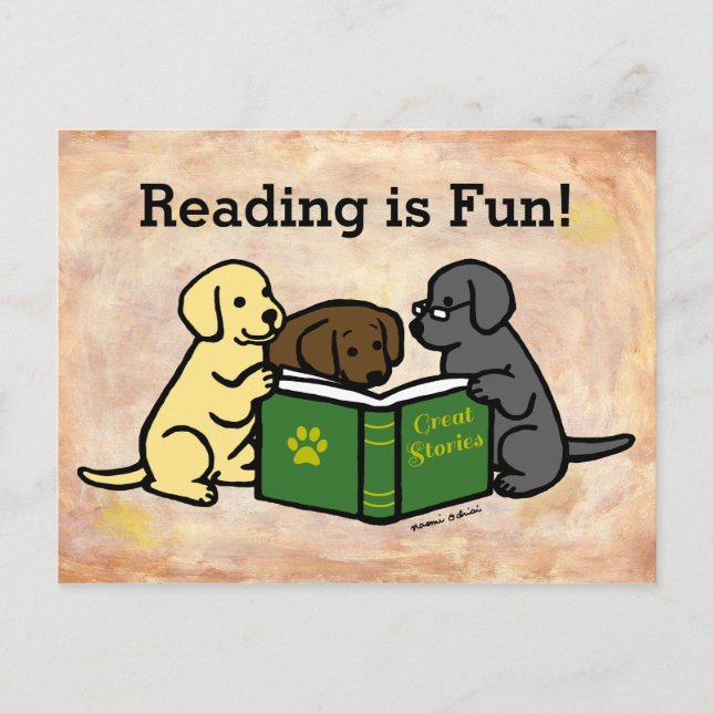 Labrador Puppies Reading Cartoon Postcard (Front)