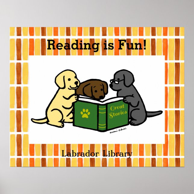 Labrador Puppies Reading Cartoon Poster (Front)
