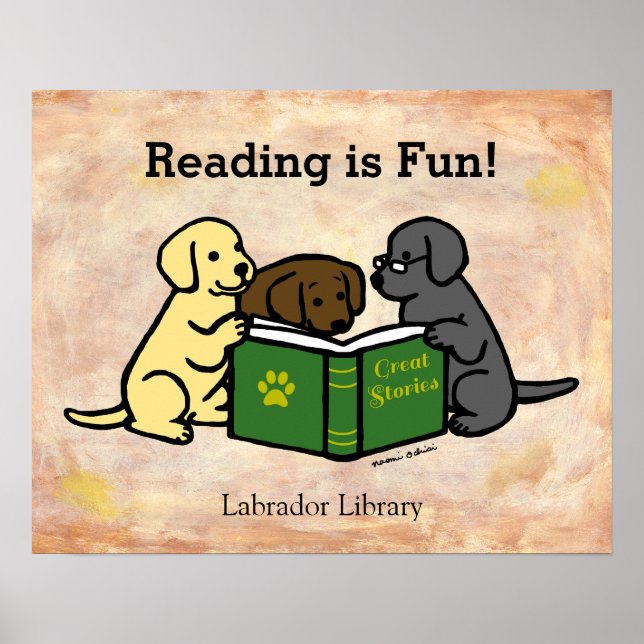 Labrador Puppies Reading Cartoon Poster (Front)