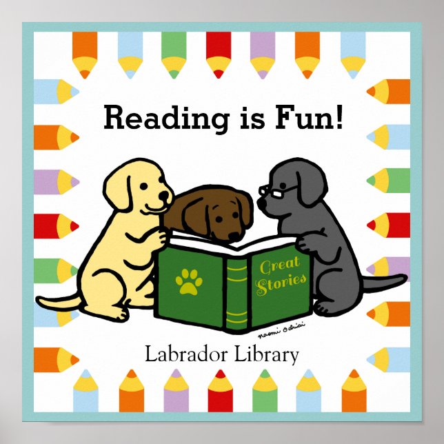 Labrador Puppies Reading Cartoon Poster (Front)