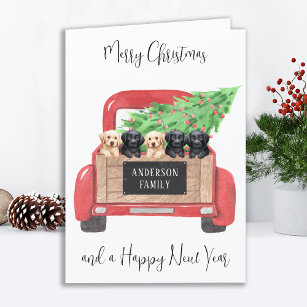 Labrador Puppies Vintage Red Truck Merry Christmas Holiday Card
