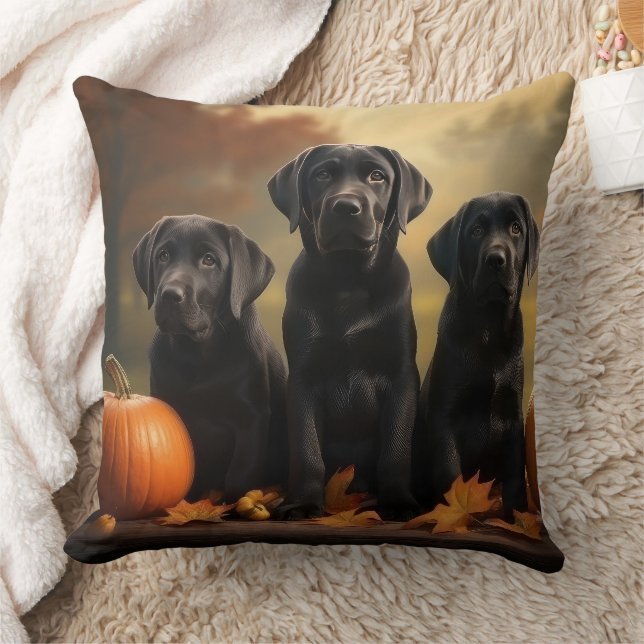 Labrador Puppy Autumn Delight Pumpkin  Cushion (Blanket)