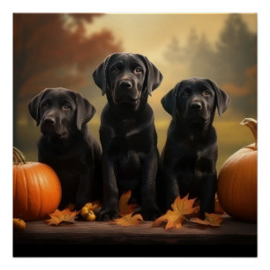 Labrador Puppy Autumn Delight Pumpkin Poster