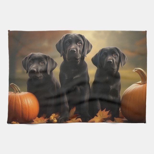 Labrador Puppy Autumn Delight Pumpkin  Tea Towel (Horizontal)