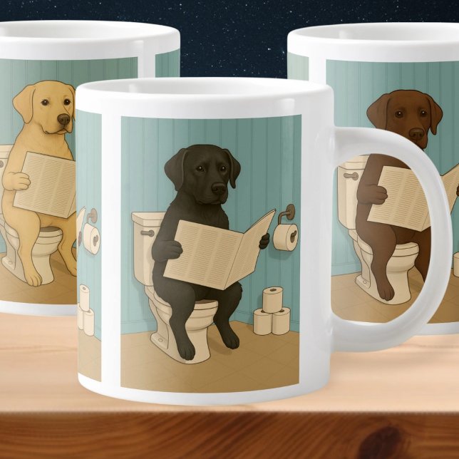  Labrador Reading Newspaper on Toilet Large Coffee Mug (Labrador Reading Newspaper on Toilet Giant Coffee Mug by Ricaso. Depicting 3 Labrador breed colors)