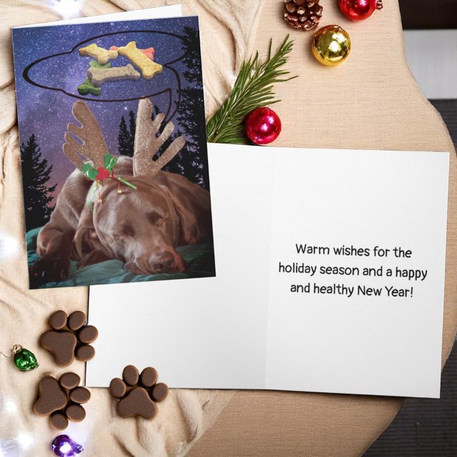 Labrador Retreiver in Antlers Dreams Dog Treats Holiday Card (cover design and inside template text Christmas greeting card)