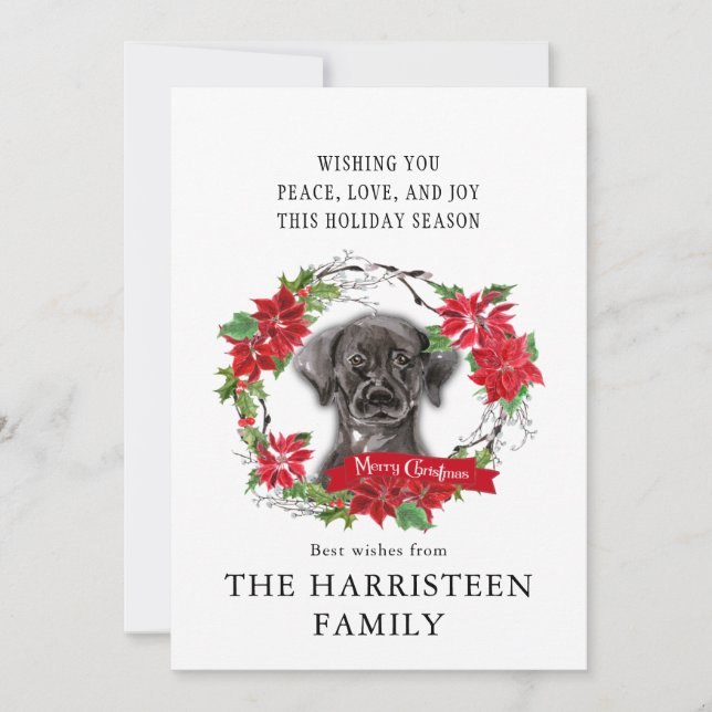 Labrador Retriever black Poinsettia Christmas Holiday Card (Front)