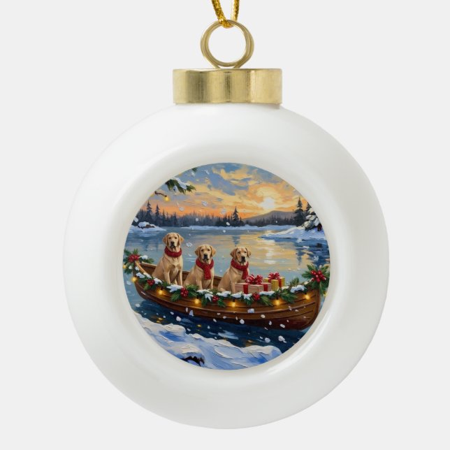 Labrador Retriever Christmas Boat Holiday Ceramic Ball Christmas Ornament (Front)