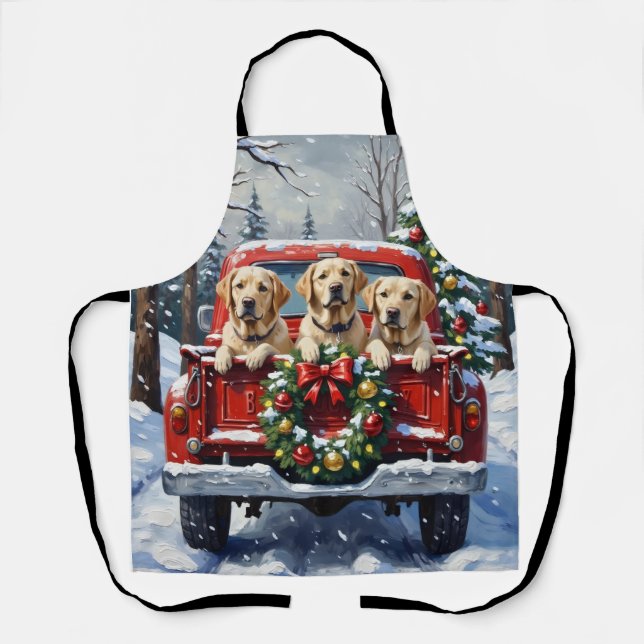 Labrador Retriever Christmas Red Truck Holiday Apron (Front)