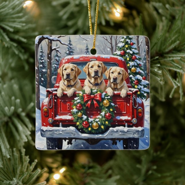 Labrador Retriever Christmas Red Truck Holiday Ceramic Ornament (Tree)