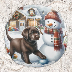 Labrador Retriever Christmas Snowman Puppy Dog Round Cushion