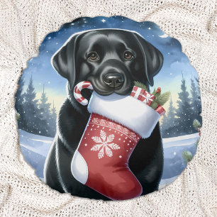 Labrador Retriever Christmas Stocking Puppy Dog  Round Cushion