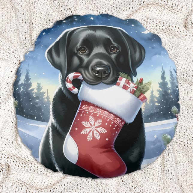 Labrador Retriever Christmas Stocking Puppy Dog  Round Cushion (Creator Uploaded)