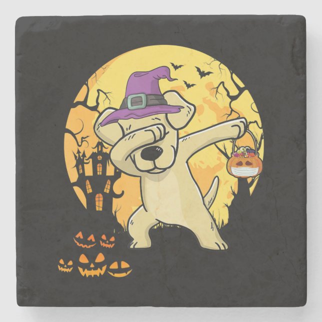 Labrador Retriever Dabbing Witch Pumpkin Funny Dog Stone Coaster (Front)