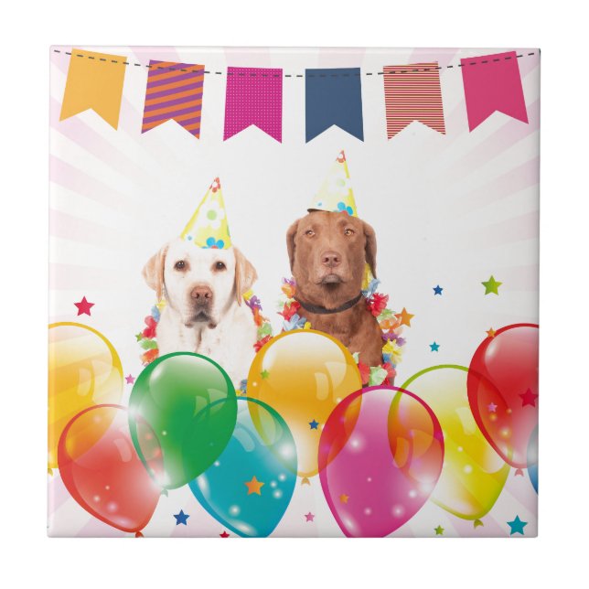 Labrador Retriever Dog Balloons Birthday Ceramic Tile (Front)