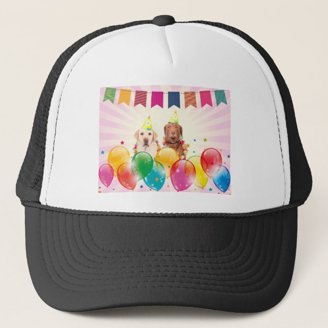 Labrador Retriever Dog Balloons Birthday Trucker Hat (Front)