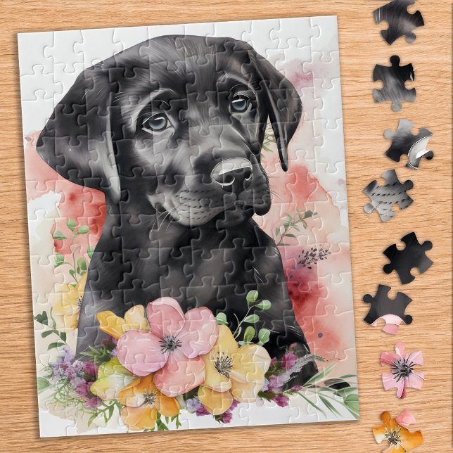 Labrador Retriever Dog Floral Black Lab Puppy Jigsaw Puzzle (Creator Uploaded)