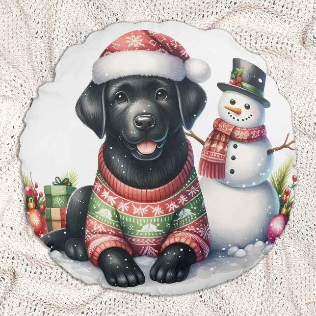 Labrador Retriever Dog Holiday Snowman Puppy Round Cushion (Creator Uploaded)