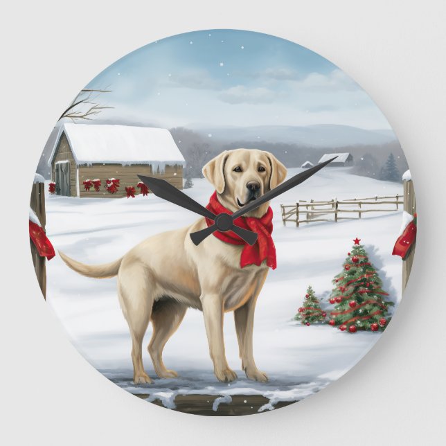 Labrador Retriever Dog in Snow Christmas Large Clock (Front)
