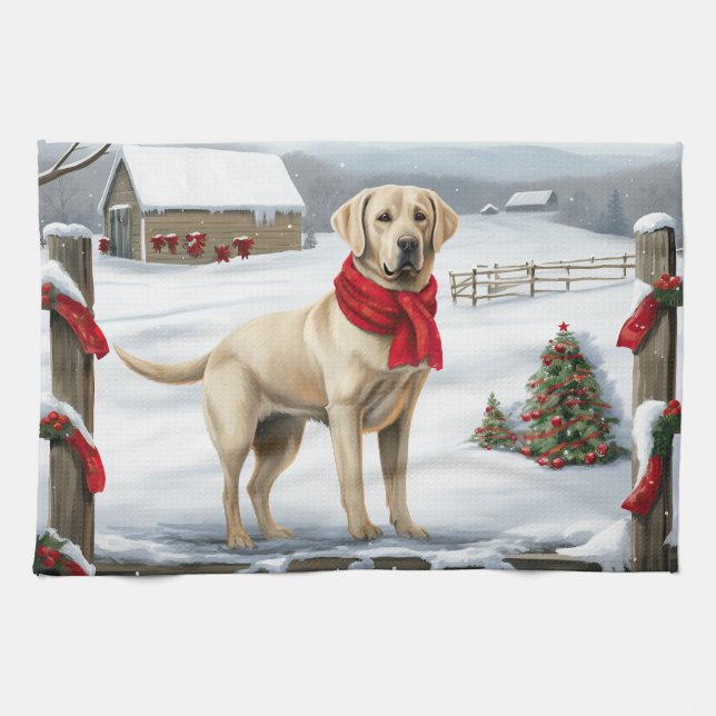 Labrador Retriever Dog in Snow Christmas Tea Towel (Horizontal)