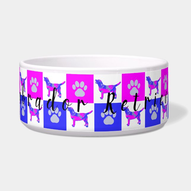 Labrador Retriever Dog & Paw Pink & Blue Pet Bowl (Front)