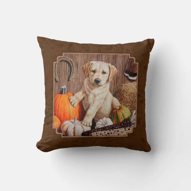 Labrador Retriever Dog & Pumpkins Brown Cushion (Front)