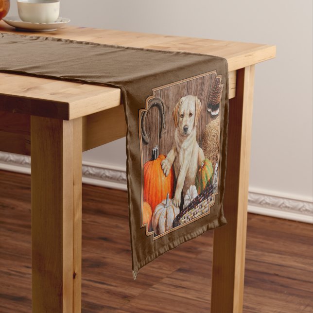 Labrador Retriever Dog & Pumpkins Brown Short Table Runner (In Situ)