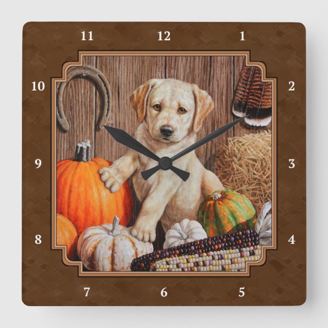 Labrador Retriever Dog & Pumpkins Brown Square Wall Clock (Front)