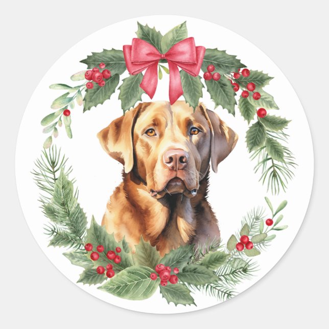 Labrador Retriever Dog Red Bow Holly Wreath Classic Round Sticker (Front)