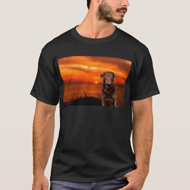 Labrador Retriever Dog Sitting beside Sunset T-Shirt (Front)