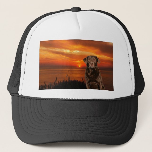Labrador Retriever Dog Sitting beside Sunset Trucker Hat (Front)