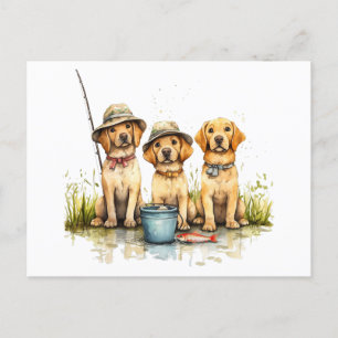 Labrador Retriever Dogs Fishing Postcard