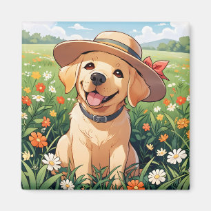 Labrador Retriever flowers field Magnet