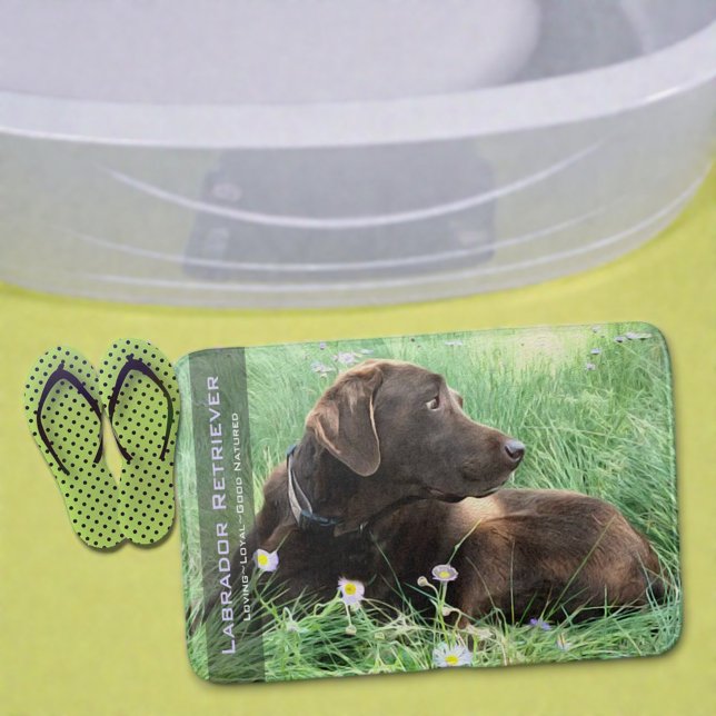 Labrador Retriever In Grass and Purple Flowers Bath Mat (Labrador Retriever in grass bath mat. )