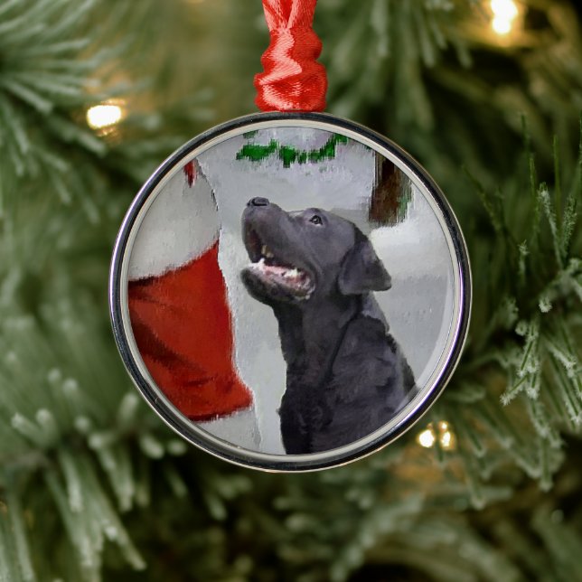 Labrador Retriever Meets Santa Christmas Metal Ornament (Tree)