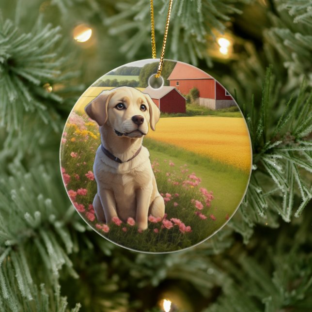 Labrador Retriever on Farm Ceramic Ornament (Tree)