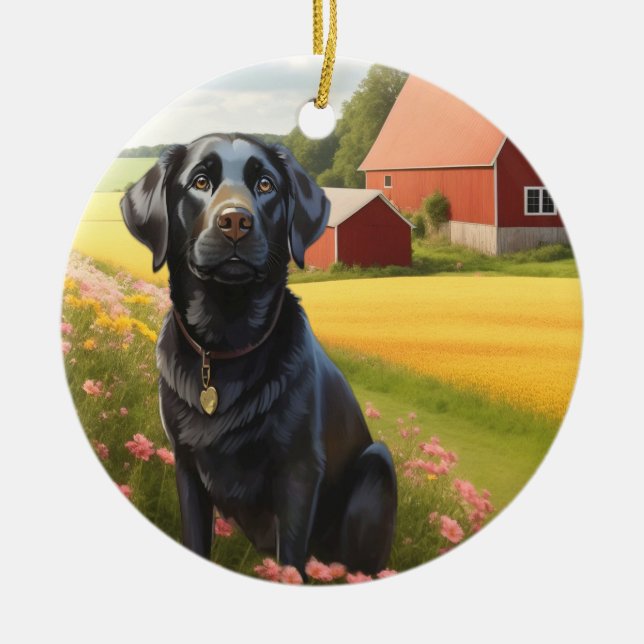 Labrador Retriever on Farm Ceramic Ornament (Front)
