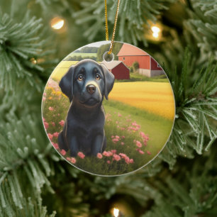 Labrador Retriever on Farm Ceramic Ornament