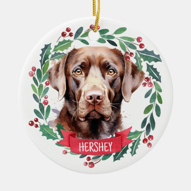 Labrador Retriever Personalised Holiday Wreath Dog Ceramic Ornament (Front)