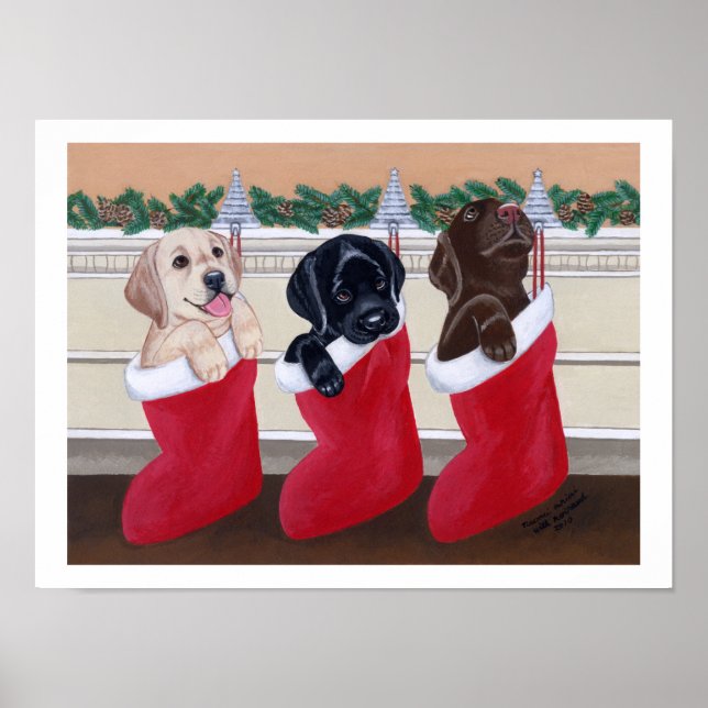 Labrador Retriever Puppies Christmas Artwork Poster (Front)
